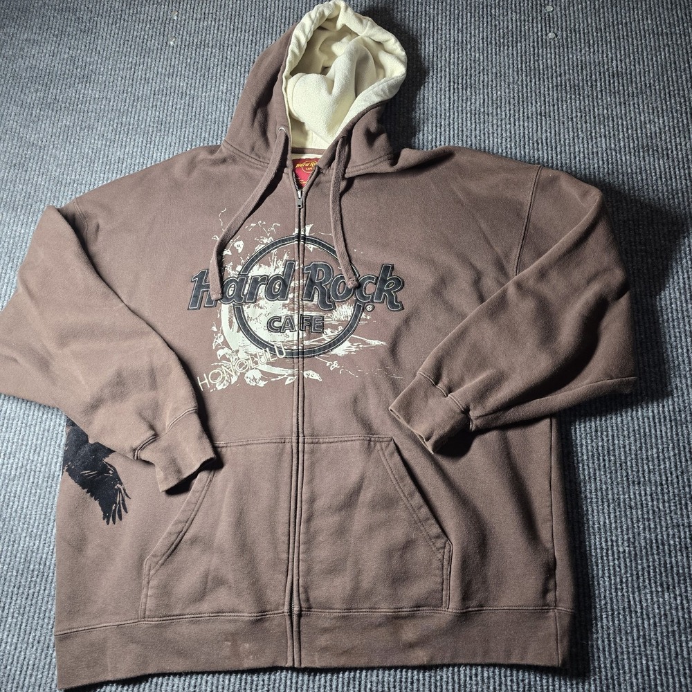 Vintage Hard Rock Cafe Honolulu Brown Hoodie Full Zip Jacket Men's Size 2XL